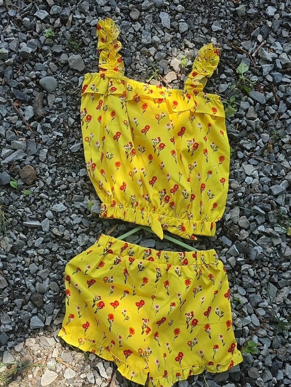 Pinky Yellow Floral Ruffle Kids Matching Set